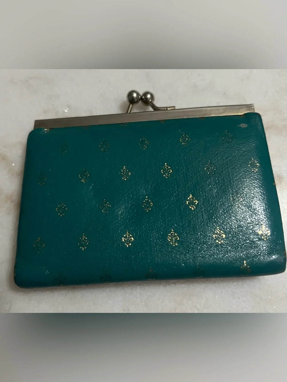 Vintage Dark Teal Green Leather Kiss Lock Coin Purse Gold Fleur-De-Lis Italy